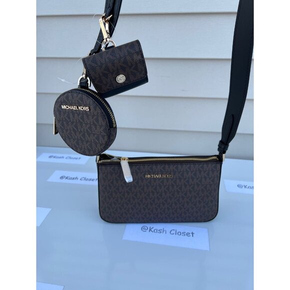 Michael Kors crossbody tech attach coin purse airpod case MK black brown - Picture 1 of 5